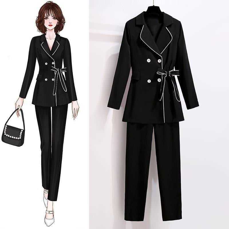 Elegant Women Blazer Suit Autumn Office Ladies Pant Suits V-neck Belted High Waist Long Pants Streetwear Set Outfit 210930