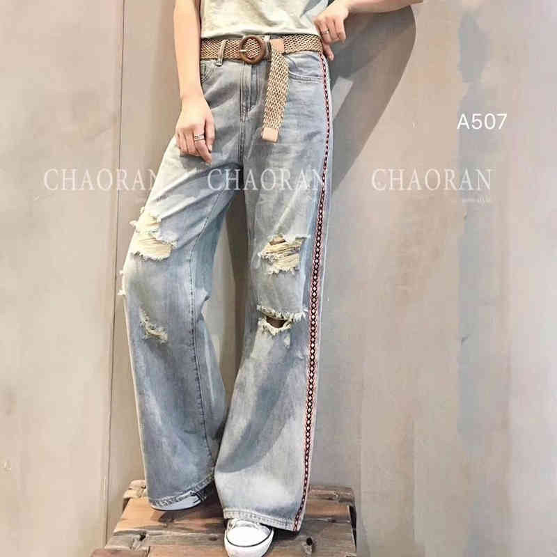 Spring Korea Fashion Women High Waist Ripped Jeans Cotton Denim Wide Leg Pants Slim Ladies Free Belt Plus Size S665 210512