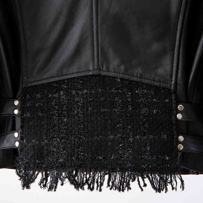 TWOTWINSTYLE Moto Style PU Leather Jacket For Women Stand Collar Long Sleeve Sashes Casual Jackets Female Fashion Clothing 210517