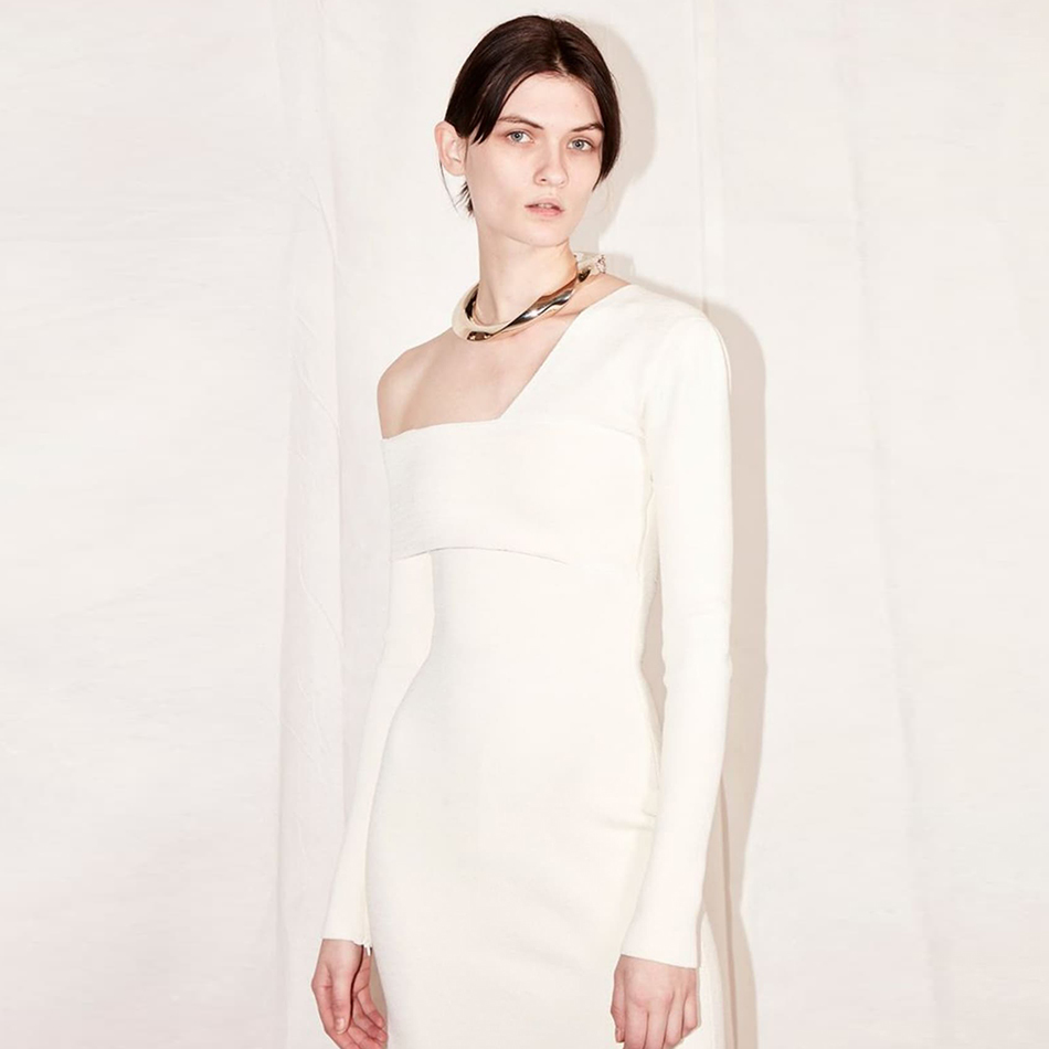 Winter Women One Shoulder Long Sleeve Bandage Dress Sexy Hollow Out White Celebrity Runway Party Bodycon Dresses 210423
