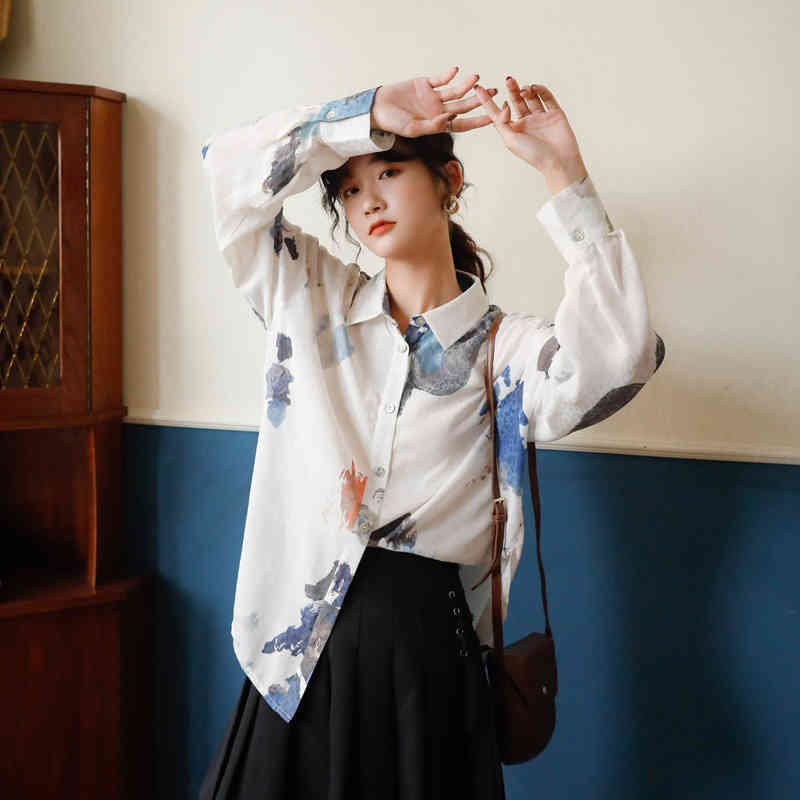 Mountains And Rivers Print Long Sleeve Blouse Women White See Through Collar Shirt Casual Korean Fashion Clothing 210427