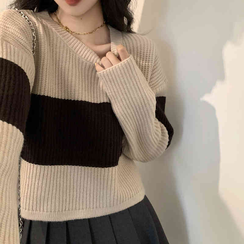 3 colors Autumn Winter Women Pullovers And Sweaters Jumper preppy style Striped Female Short knitted Sweater (C9839) 210423
