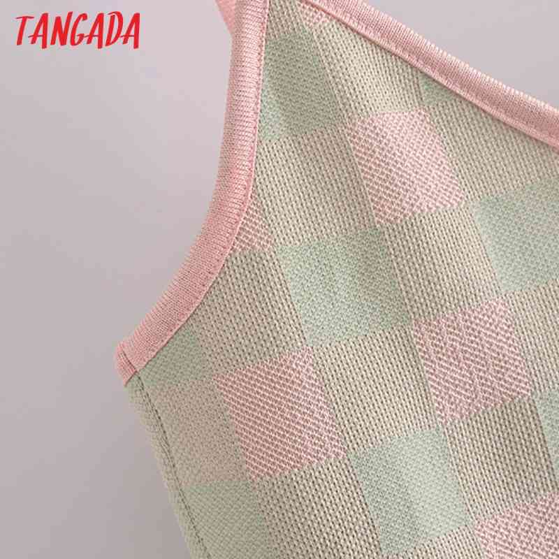 Women Plaid Pattern Knit Camis Crop Top Spaghetti Strap Sleeveless Backless Short Shirts Female Casual Tops 3H272 210416