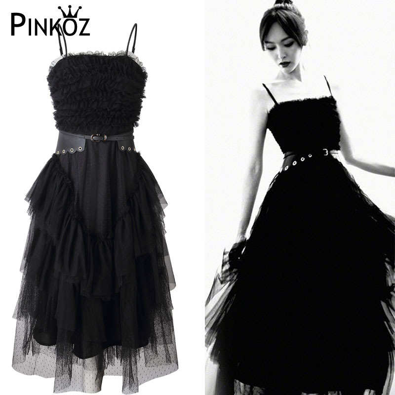 Black Ball Gown Strapless Mesh Midi Dress Womens Belt Gothic vestido de festa feather short bouquet dresses 210421