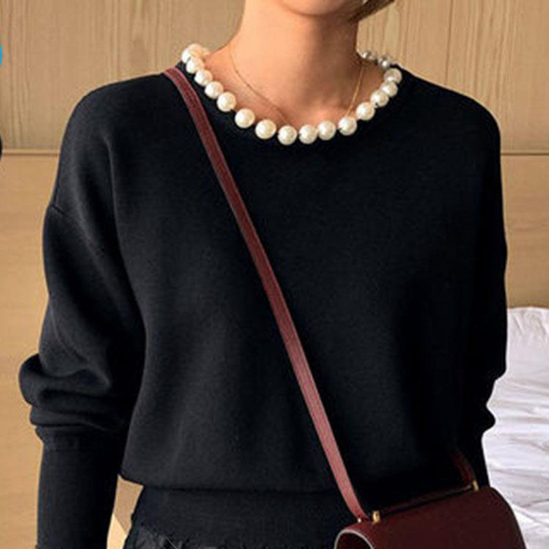 Nomikuma Spring New Women Pullover Sweater Korean Beads O-neck Long Sleeve Knitted Tops Solid Slim Causal Pull Femme 6E992 210427