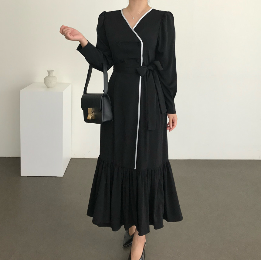 Formal Lace-up Elegant Dress Women Autumn Minimalist Fashion OL Double Breasted V-neck es Vestidos 210421