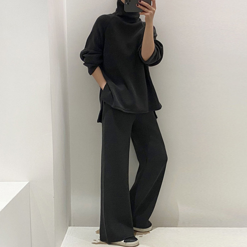 Nomikuma Korean Causal Knitted Two Pieces Sets Turtleneck Long Sleeve Sweater + Stretch Waist Wide Leg Long Pants Suits 6D457 210427
