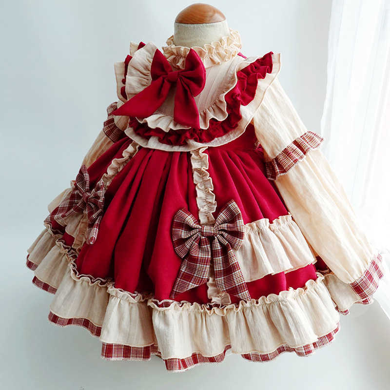 Spring Dresses For Kids Girl 2021 Baby Little Girls Long Sleeve Red Vintage Lolita Princess Dress Clothes For Birthday Party Q0716