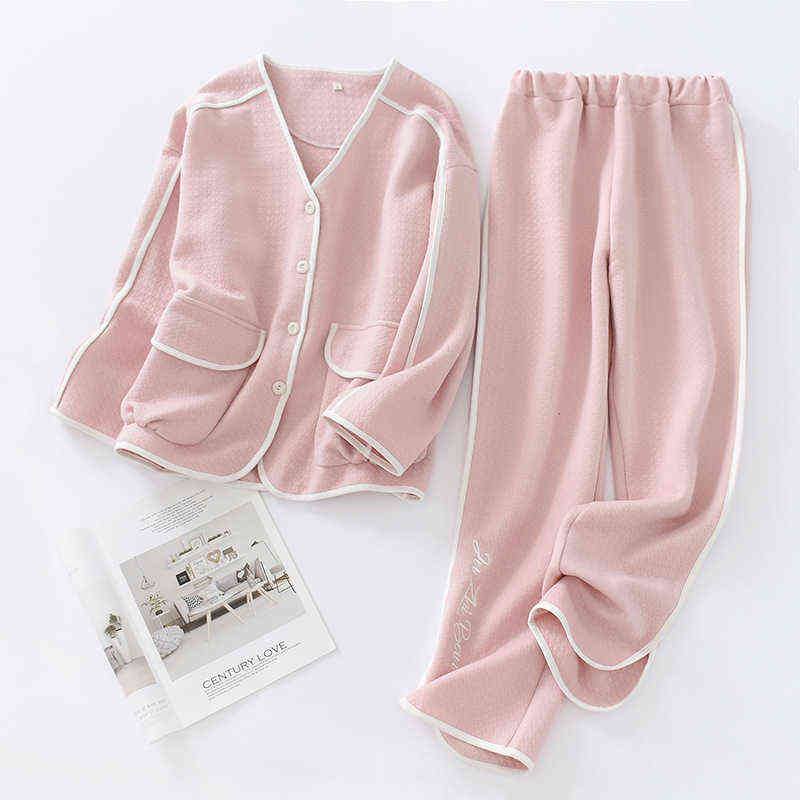 Autumn and Winter Leisure Tops Women's Long-Sleeved Trousers Cotton Thick Air Layer Solid Color Warm Simple Pajamas Set 211103