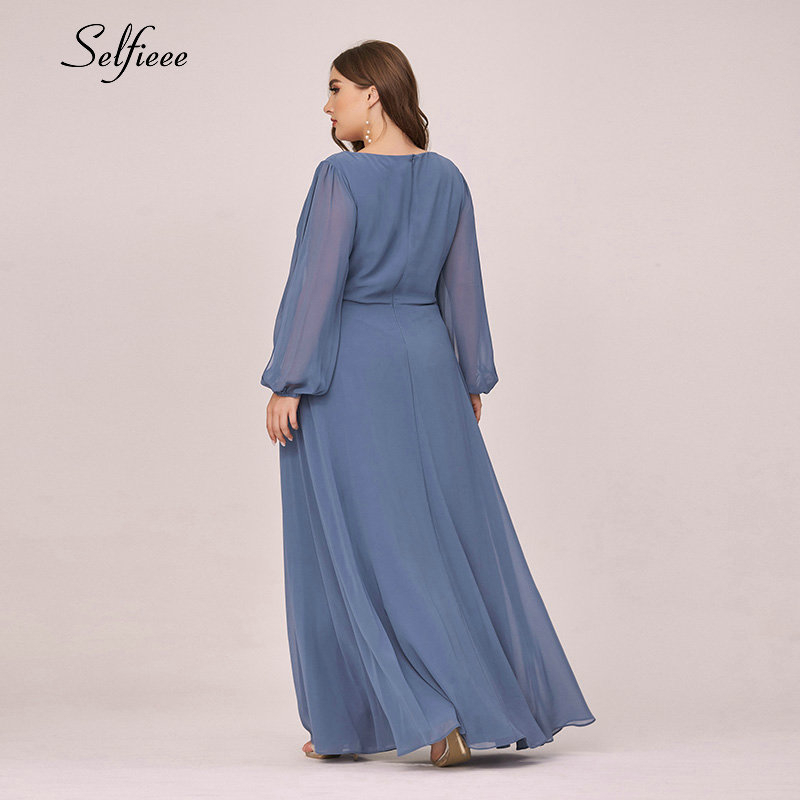 Plus Size Dusty Blue Women Dress Deep V-Neck Long Sleeve Appliques Ruched Long Party Dress Maxi Chiffon Dress Robe De Soiree 210409