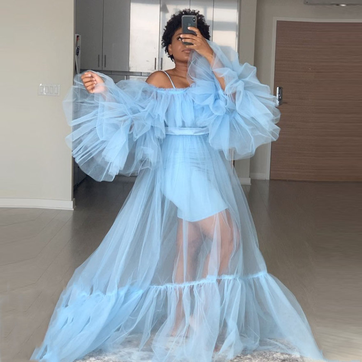 See Through Prom Tulle Dress Robes Baby Blue Sheer Mesh Long Summer Sleepwear For Photography Maternity Dresses Photo shoots