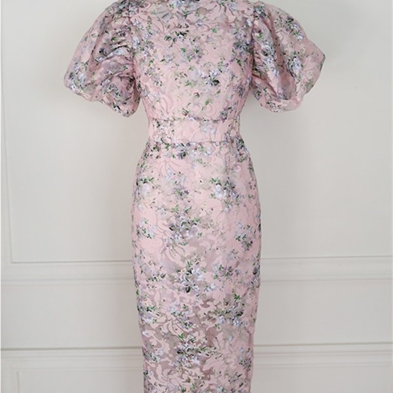 Women Summer Elegant Puff Sleeve Dress Female Fashion Office Lady Robe Femme Vintage Lace Flowers Embroidery Slim Pencil 210519