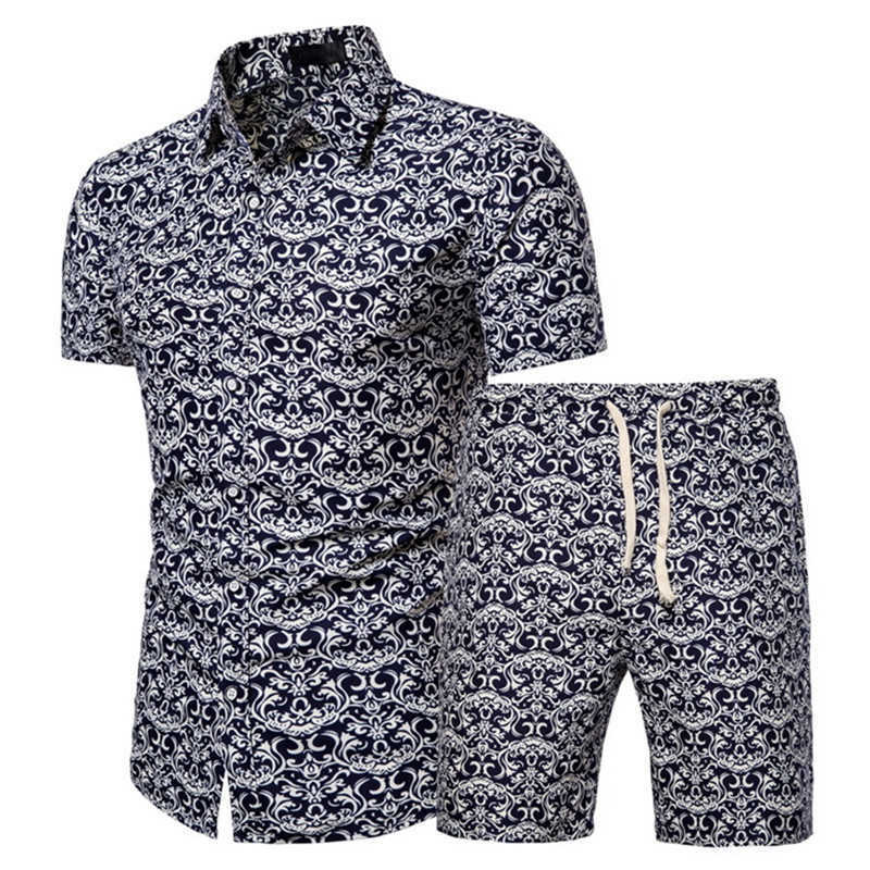 Mens Summer Set Casual Hawaiian Floral Print Shirt Set Men Beach Shorts 2 Piece Suit Breathable Fashion Male Clothing 210603