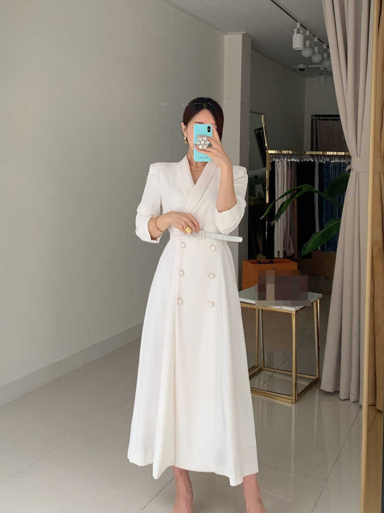 Spring Elegant Windbreaker Women's White Maxi Dress Korean Clothing Femme Robe Slim Suit Collar Double-Breasted Coat With Belt 210915