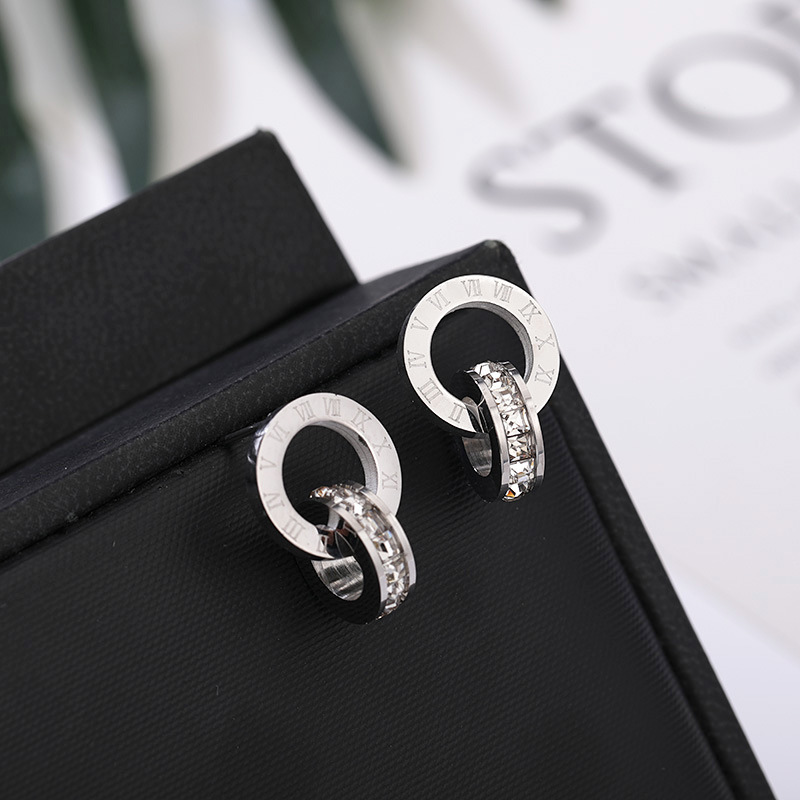 New Trendy Double Circle Roman Numerals Diamond Stud Charm Earrings Stainless Steel Earring