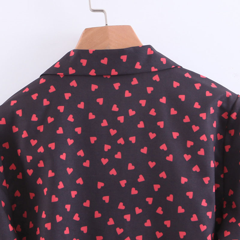 Summer Women's Lapel Black Heart Button Front Knot Long Sleeve Shirt Short Women's Top Casual fashion personality 210507