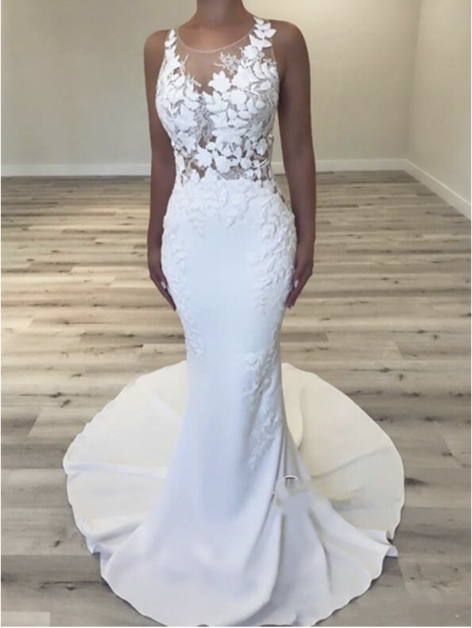 Flower Appliqued Lace Spandex Wedding Dresses Mermaid Sheer Neck Sleeveless 2021 Modern Bridal Gowns Swep Train vestido de noiva