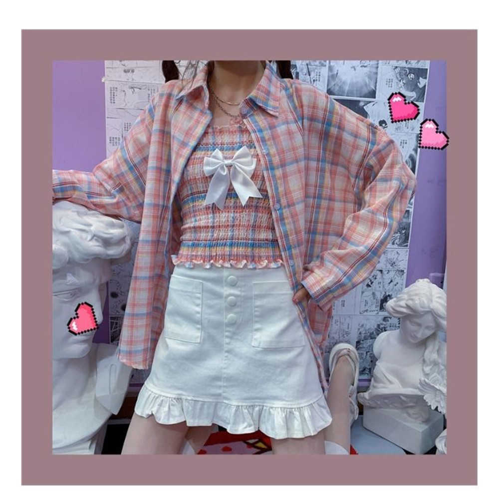 Women Summer Sun Protection 2pcs Set Loose Purple Thin Batwing-Sleeve Plaid Shirts +Sexy Sleeveless Sling Corset Harajuku Wild 210619wtt