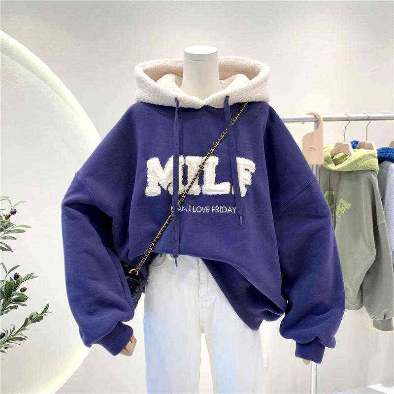 NEEDBO MILF Hoodie's Sweatshirts Letter Print Lamb Wool Pullovers Loose Korean Style Jacket Full Sleeve Casual Tops 211104