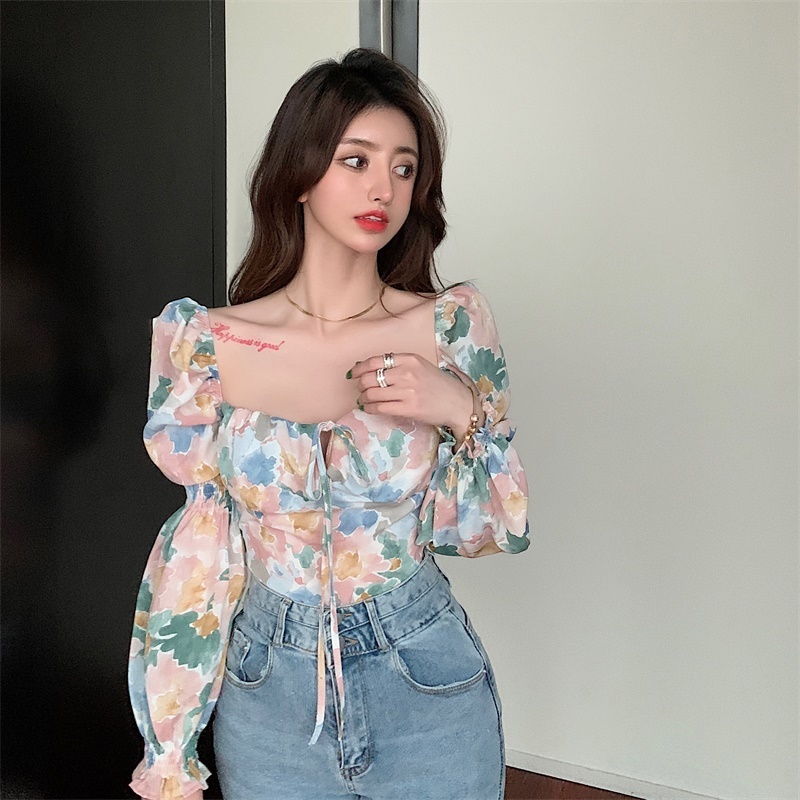 Sexy Lace Up Square Neck Flare Sleeve Blouse Women Oil Painting Printing Short Shirts Full Chic Fashion Blusas Mujer De Moda 210429