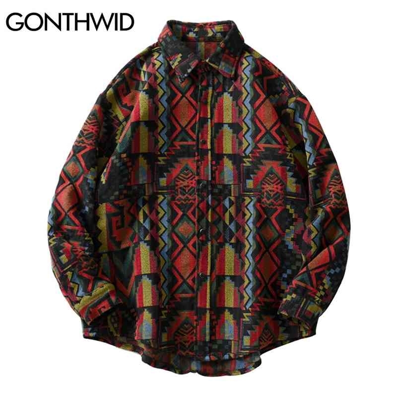 GONTHWID Southwestern Aztec Tribal Indian Button Shirts Streetwear Hip Hop Geometry Pattern Casual Long Sleeve Shirt Tops Coats 210410