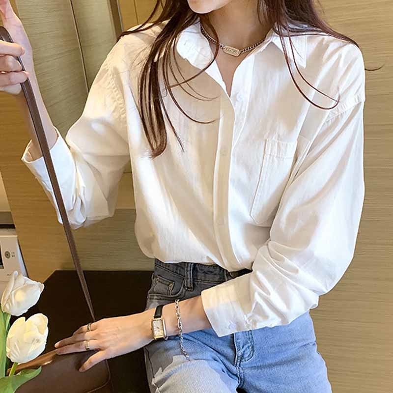 Korean Style Loose White Plus Size Women's Autumn Blouses Long Sleeve Women Bottoming Shirt Solid Lapel Pocket Tops 11891 210508