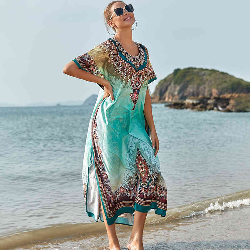 Plus Size Bikini Cover-ups Quick-drying Fabric Green Boho Printed Side Split Beach Wear Dress For Women Swim Suit Cover Up Q1172 210420