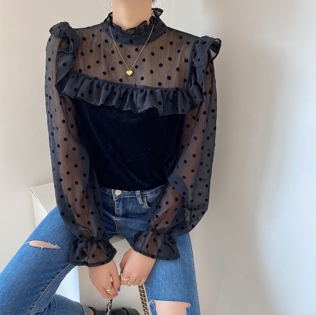 Polka Dots Mesh Work Wear Stylish Blouse Brief Office Lady Basic Elegance Patchwork Women Slim Gentle Shirts 210421