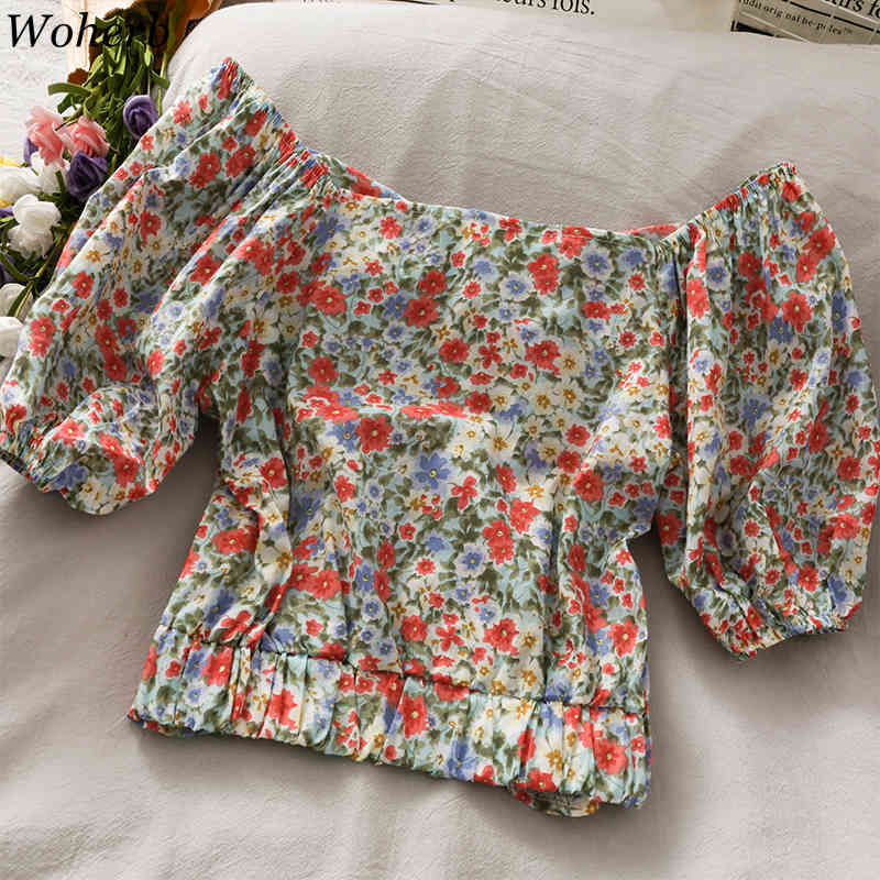 Women Sexy Off Shoulder Crop Top Summer Print Floral Sweet Short Blouses Pleated Puff Sleeve Blusas Ins Fashion 210519