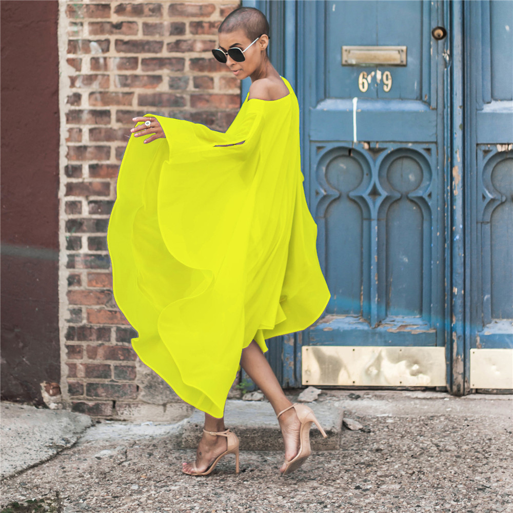 Women Dress White Chiffon Slash Neck Butterfly Sleeve Long Loose Plus Size Summer es Yellow XXL 210524