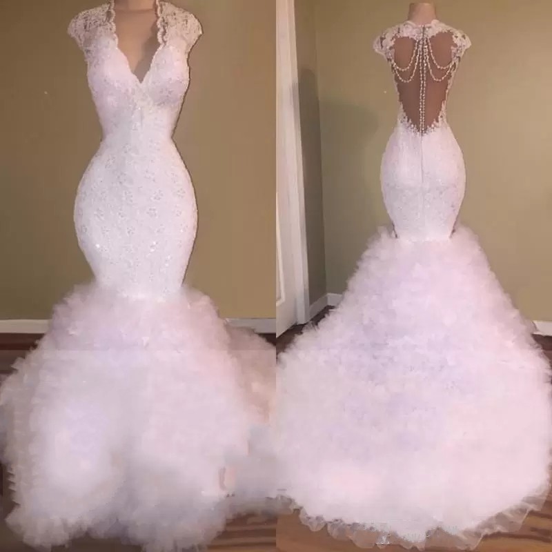 Wedding Bride Dress Mermaid Long Lace Appliques Beaded Crystal Illusion Back Sweep Train Tulle Puffy Tiered Bridal Gown 2022 Vestido de Noiva Robe De 