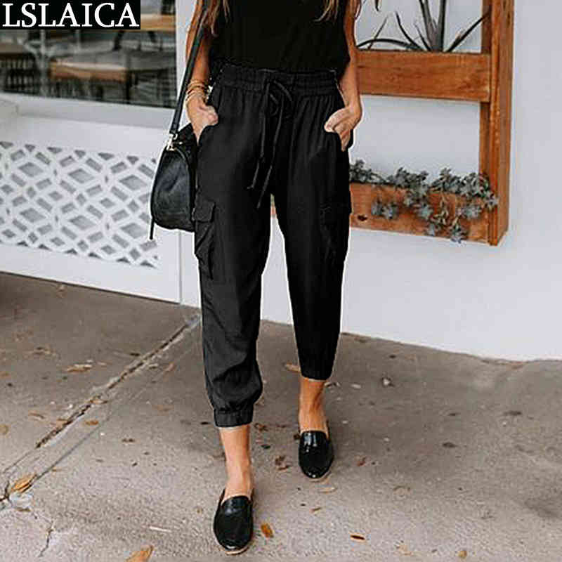 Women's Pants Solid Color Casual Loose Slacks Pocket Drawstring Women Clothing Fashion Streetwear Pantalones Para Mujer 210520