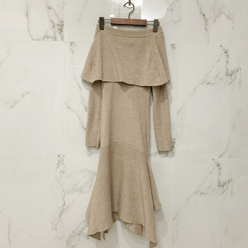 Women Autumn Sexy Slash Neck Long Sleeve Ruffle Hem Sweater Dress Slim Waist Irregular Elastic Knitted Dresses 210506