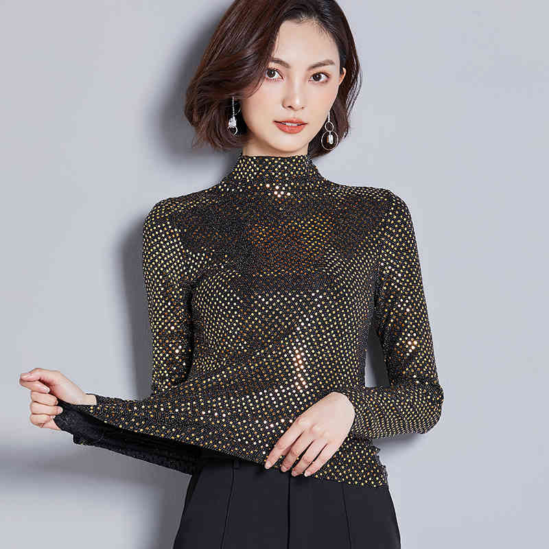 Fashion Winter Women Turtleneck Pullovers Bottoming Black Tops Solid Sequin Long Sleeve Clothing Chemisier Femme 6913 50 210508