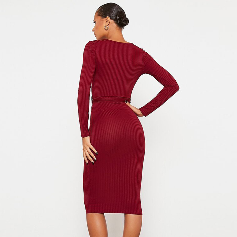 Free Women's Green Striped Dress Sexy V-neck Long Sleeve Bodycon Lace Up Club Party Knee-Length Vestidos 210524