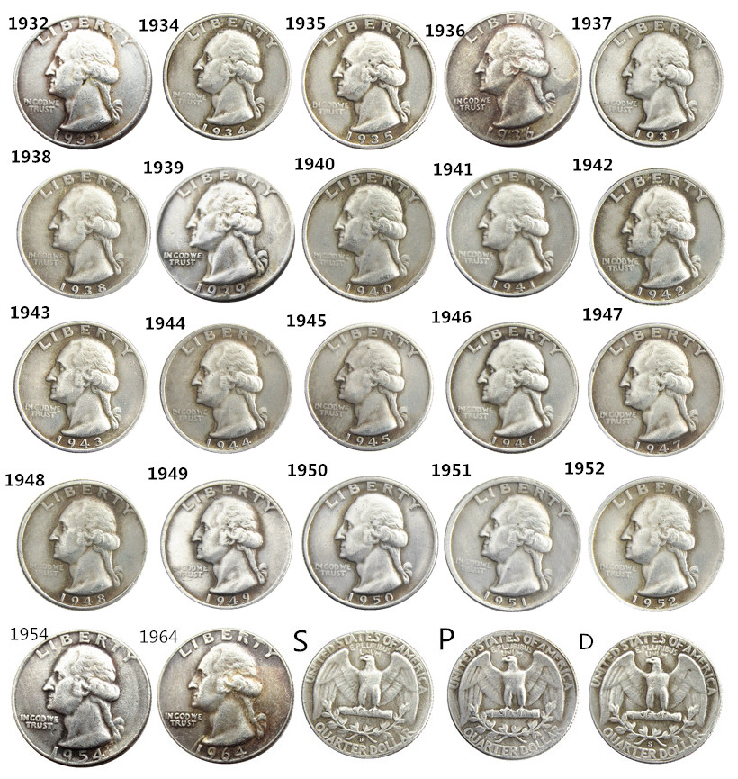 US Full Set 1932-1964P/D/S 63pcs Washington Quarter Dollar Craft Silver Plated Copy Coins metal dies manufacturing factory Price
US Full Set 1932-1964P/D/S 63pcs Washington Quarter Dollar Craft Silver Plated Copy Coins metal dies manufacturing factory Price