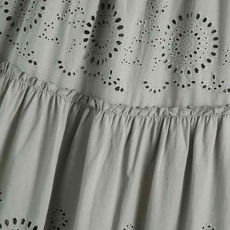 Summer Women Hollow Embroidery Tiered Ruffle Suspender Midi Dress Female Sleeveless Clothes Casual Lady Slim Vestido D7625 210430