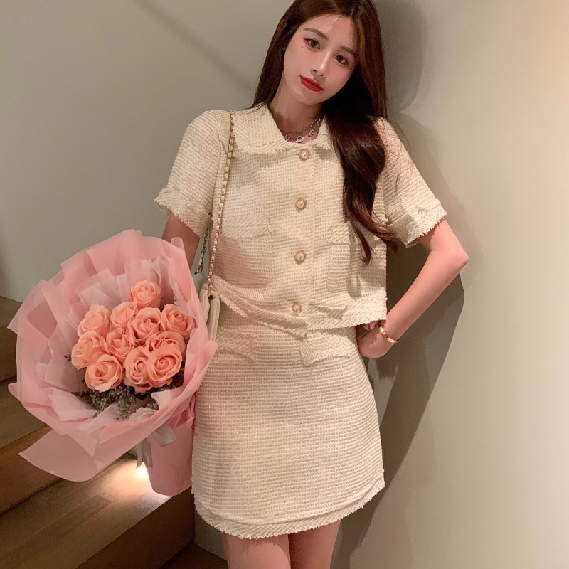 Korea Two Piece Set Women Elegant Fashion Tweed Peter Pan Collar Short Sleeve Crop Top + Bodycon Tassel Mini Skirt Suit 210519