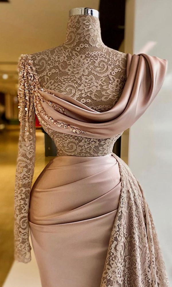 Blush Pink Evening Dresses 2021 Sexy Sheer Lace Indian Style Long Sleeve High Neck Plus Size Dubai Women Formal Prom Party Gowns 0431