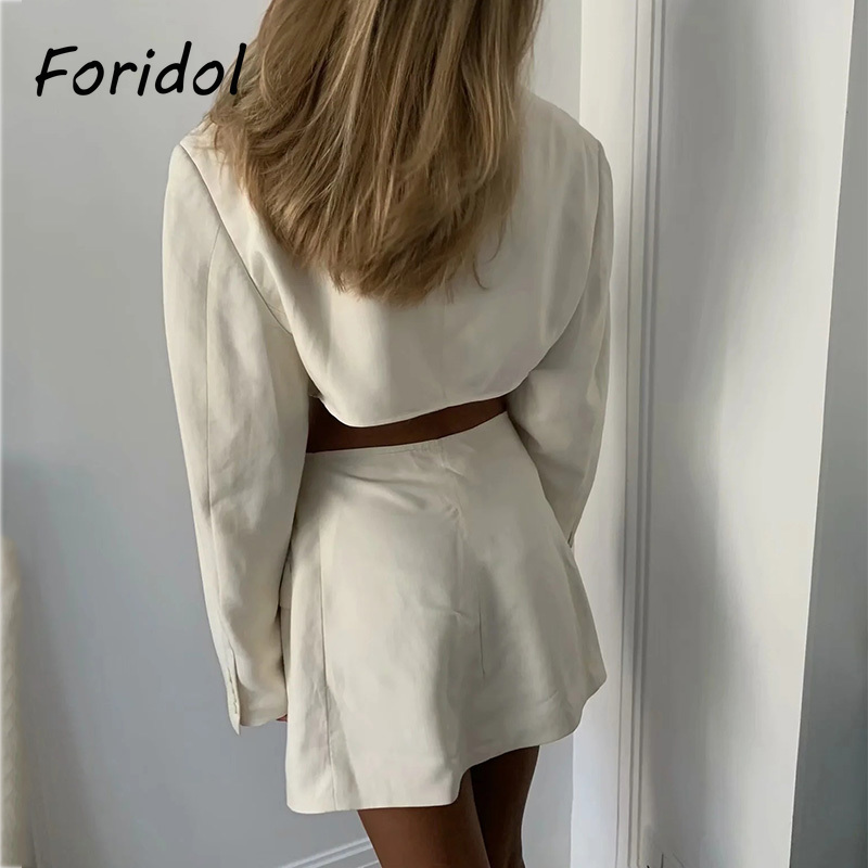 Foridol High Fashion Blazer Dress Sets Women Two Pieces Top Skirt Suits Ladies Chic A-line White Dress Sets Spring Autumn 210415