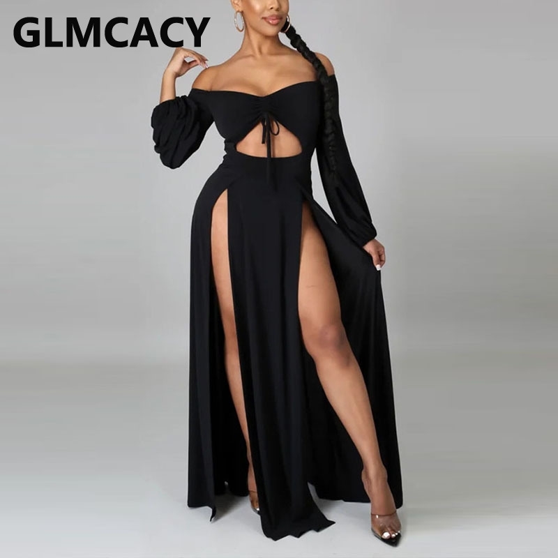 Long Sleeve Off Shoulder High Slit Dress Sexy Party Club Maxi Dresses 210702