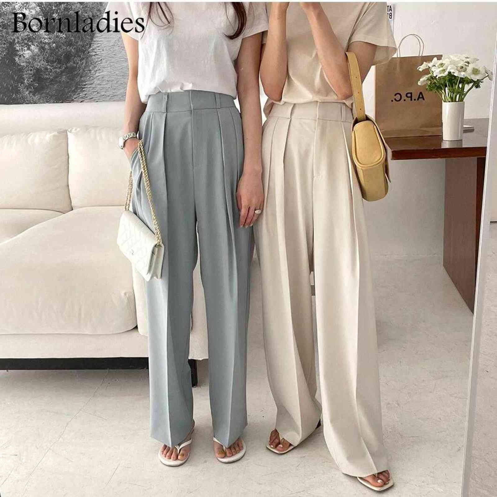 Bornladies Summer Casual High Waist Loose Straight Pants for Women Ladies Button Wide Leg Trousers Female Solid 211115