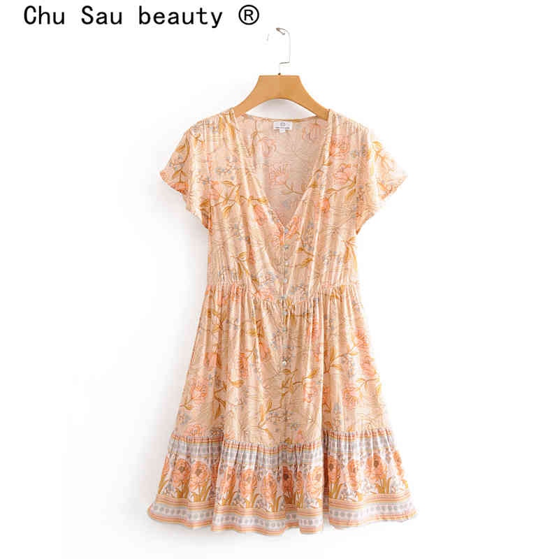 beauty Boho Floral Print Cotton Midi Dress Women Holiday Vintage V-neck Single Breasted Beach Dresses Female 210514