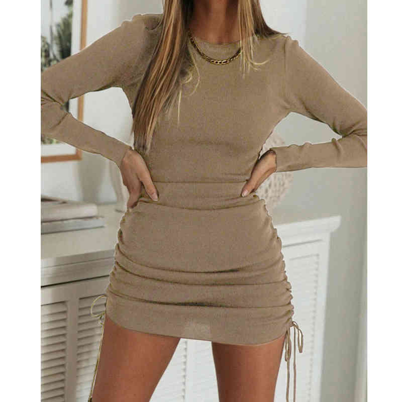 Fashion Solid O Neck Long Sleeve Drawstring Bandage Mini Dress Sexy Women Autumn Winter Ladies Wrap Hip Bodycon 210522