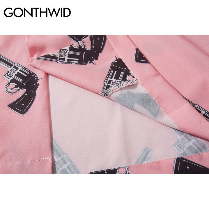 GONTHWID Pistol Gun Print Pink Beach Hawaiian Aloha Shirts Summer Mens Casual Short Sleeve Shirt Male Fashion Shirts Tops 210410