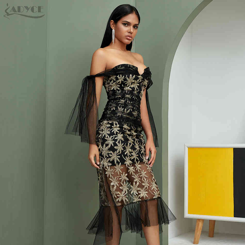 Summer Lace Off Shoulder Women Club Dress Sexy Short Sleeve Sequined Celebrity Evening Runway Party Vestido 210423