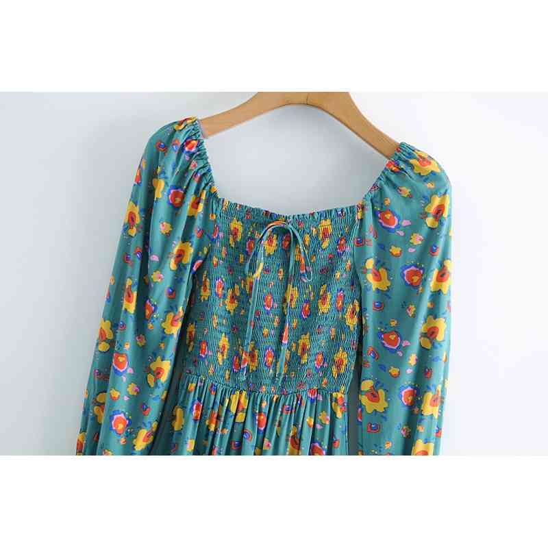 Fashion Boho Style Vintage Floral Print Midi Dress Women Summer Holiday Chic Elastic Chest Long Sleeve Split Dresses 210508