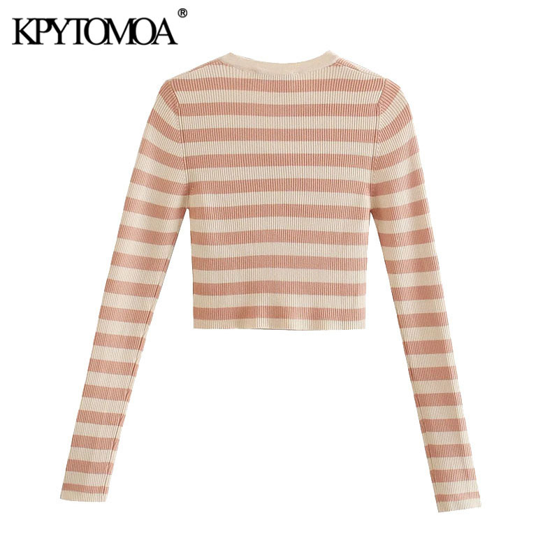 Women Fashion Striped Cropped Knitted Cardigan Sweater O Neck Long Sleeve Female Outerwear Chic Tops 210420