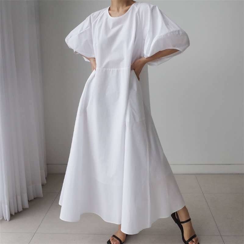 Women's Dress Loose Size Slim Long Lantern Sleeve Round Neck Temperament Fit Fashion Summer 2P041 210526