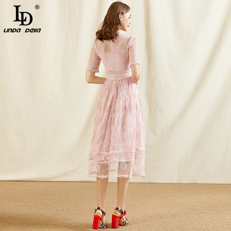 Fashion Runway Summer Dress Women O-Neck Embroidery Hollow Out Mesh Midi Ladies Party Sweet Pink es 210522